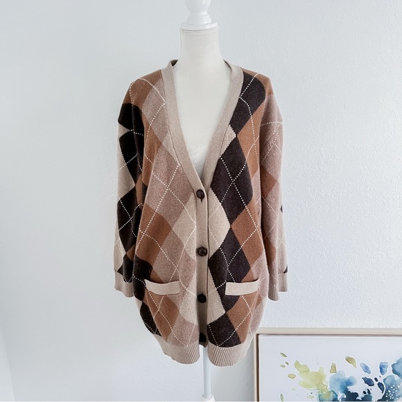 Nili Lotan Sweater Wool Cardigan Sofhie Argyle Large Brown Neutral - Picture 5 of 12